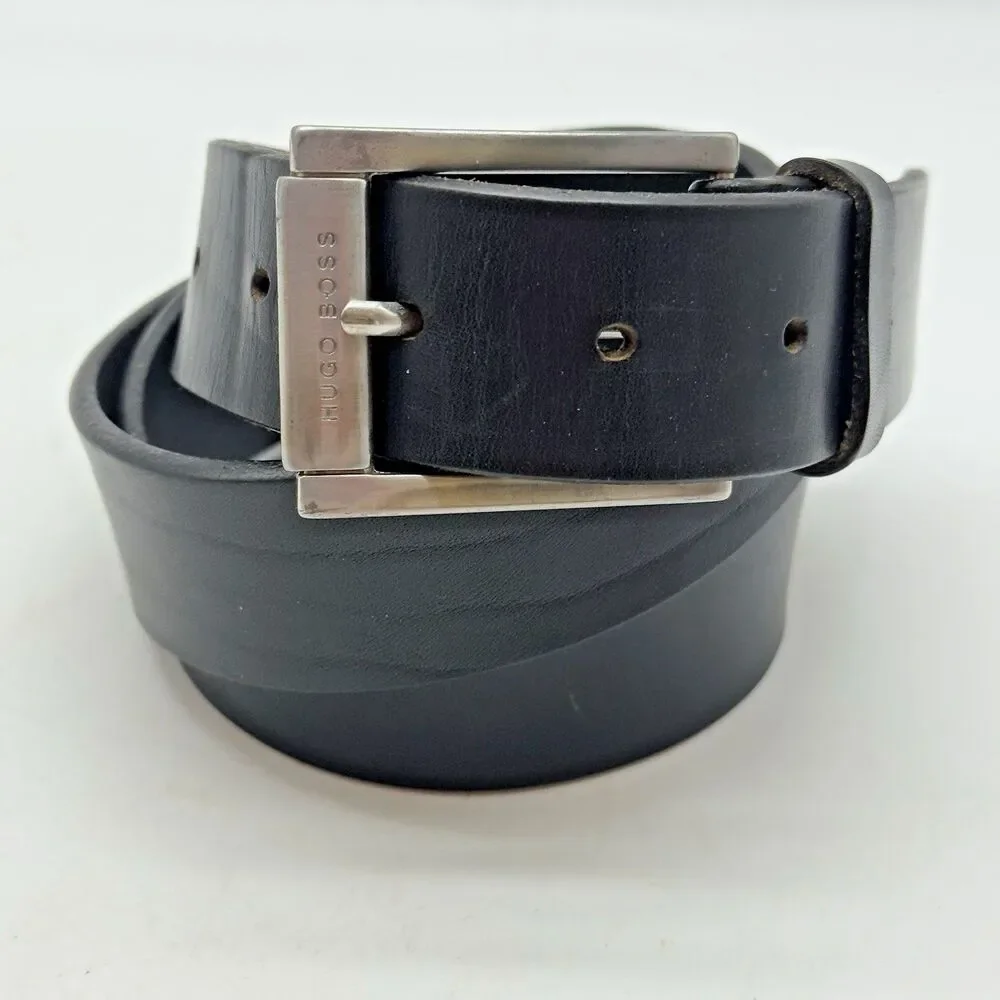 Hugo Boss Black Cow Leather Belt Men's 38 Engraved HB Silver Tone Buckle 5128